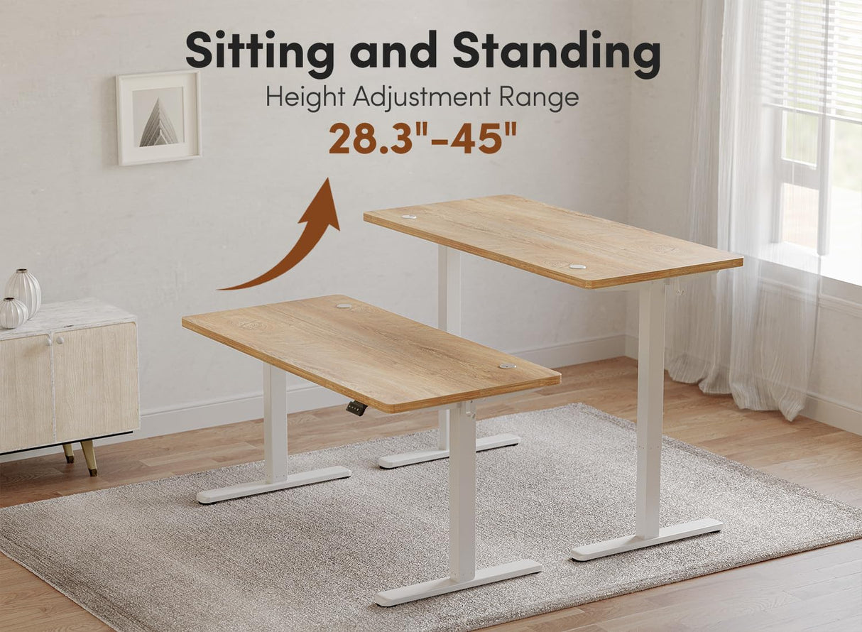 FEZIBO 55 x 24 Inchs Electric Standing Desk, Height Adjustable, Sit Stand Up, Computer Office Desk with Splice Board, White Frame/Maple Top FEZIBO