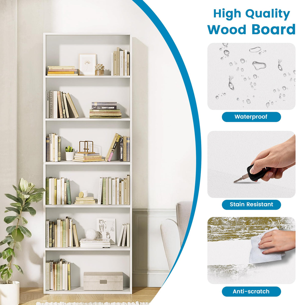 GRUSIGN 71" Tall Bookcase, 6-Tier Open Display Storage Shelves, Floor Standing Large Book Shelf for Living Room, Home Office, Bed Room, White GRUSIGN