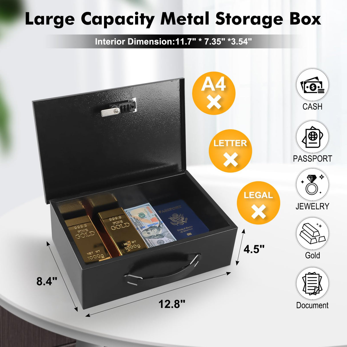 KYODOLED Fireproof Lock Box for Documents, Dual Combination and Key Lock Security with Carrying Handle, Metal Strong Safe Box to Keep Personal Items,Documents, Exterior 12.8" x 8.4" x 4.5", Black KYODOLED