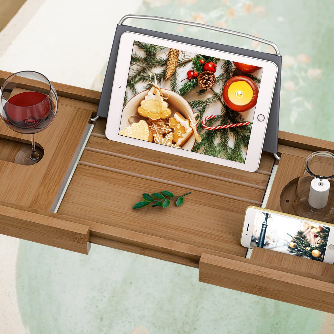 Bath Caddy Tray for Bathtub - Bamboo Adjustable Organizer Tray for Bathroom with Free Soap Dish Suitable for Luxury Spa or Reading(Walnut) Bamfan