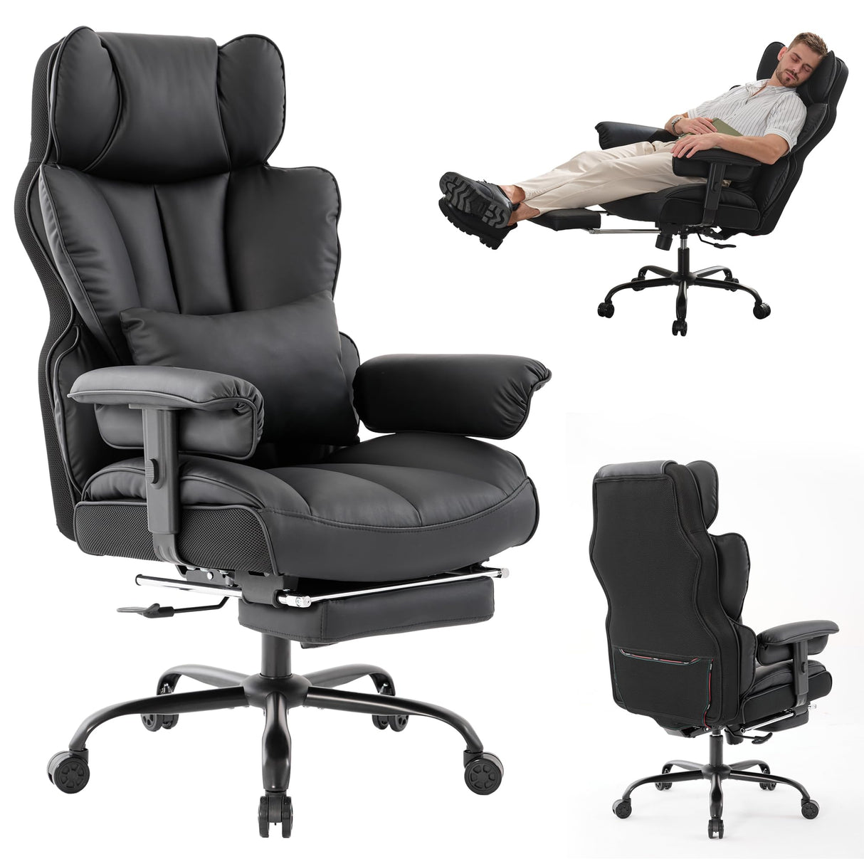 Gzagdecr Big and Tall Office Chair 400lbs,PU Leather High Back Gaming Chair with Foot Rest, Reclining Chair Executive Ergonomic Office Chair Lumbar Support Computer Chair Adjustable Armrests (Black) Gzagdecr