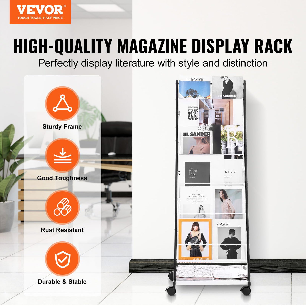 VEVOR Brochure Display Rack, 6-Tier Magazine Literature Display Stand, Floor Standing Magazine Rack Newspaper Catalog Holders, Movable with 4 Wheels (2 Lockable) for Shop Exhibitions Office, 6 Pockets VEVOR