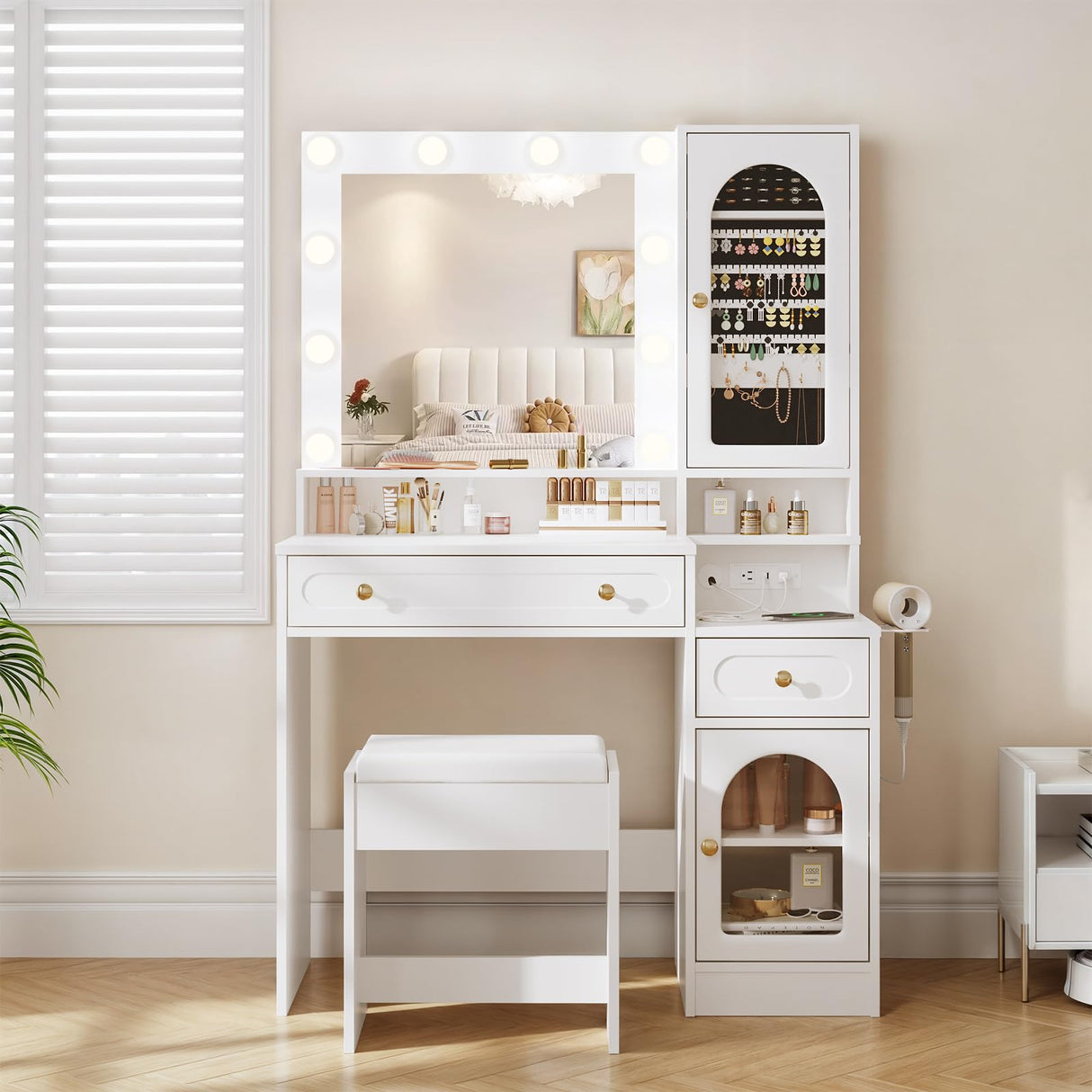 Mauqvit Vanity Desk with Mirror and Light,Vanity Desk with 2 Large Drawers, 2 Large Storage,Charging Station and 10 Lights 3 Lighting Modes Adjustable Brightness Dresser, White Maupvit