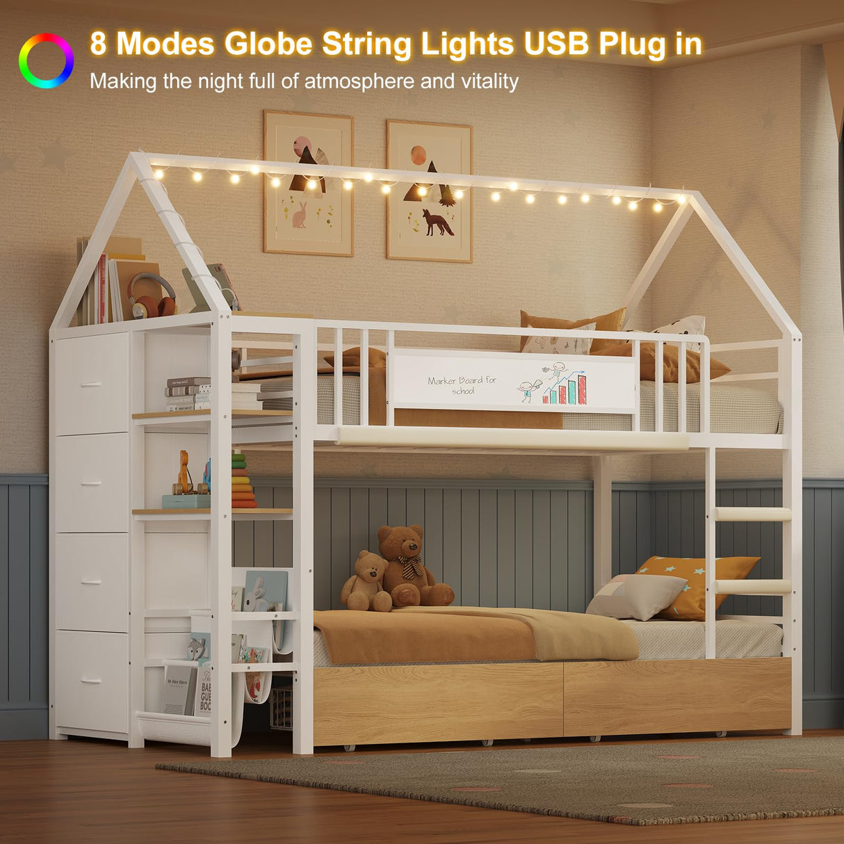 DICTAC Bunk Bed Twin Over Twin with Storage Drawers and Globe String Lights House Shaped Low Bunk Bed with Montessori Bookshelves Metal bunk Beds for Kids with Ladder and Guardrail,Space Saving,White DICTAC