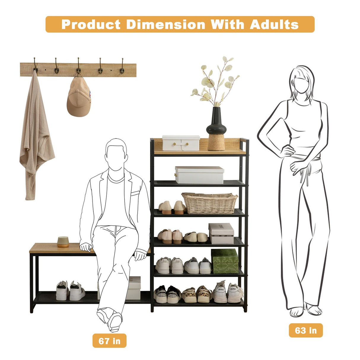 SUNTAGE 6-Tier Coat Rack Shoe Bench Set, Entryway Bench with 6 Hooks Coat Rack, Hall Tree with Bench and Shoe Storage for Entryway, Hallway, Garage, Bedroom (Vintage Oak) SUNTAGE