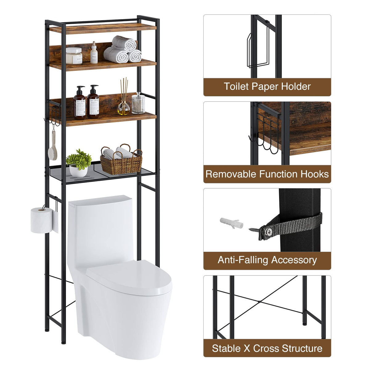Rolanstar Over The Toilet Storage 4-Tier, Freestanding Bathroom Organizer, Sturdy Behind Toilet Rack with Hooks, Space-Saving Design, Fits Most Toilets, Rustic Brown Rolanstar