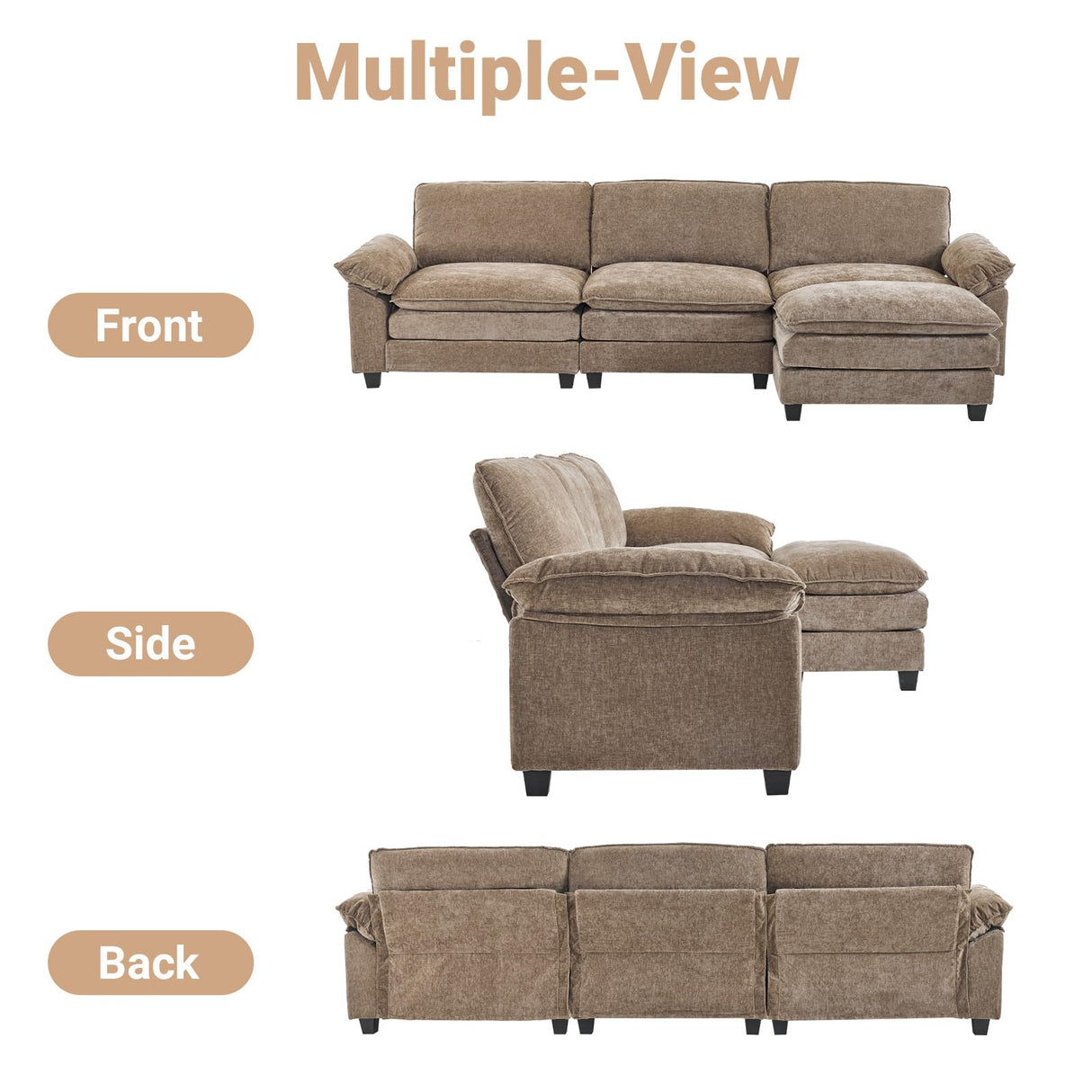 VINGLI Convertible Modular Sectional Sofa with Deep Seat & Movable 2-Layer Ottoman, L-shape Cloud Sofa with Chaise &Armrests, Oversized 3-Seater Couch for Living Room & Apartment, Chenille,Light-Brown VINGLI
