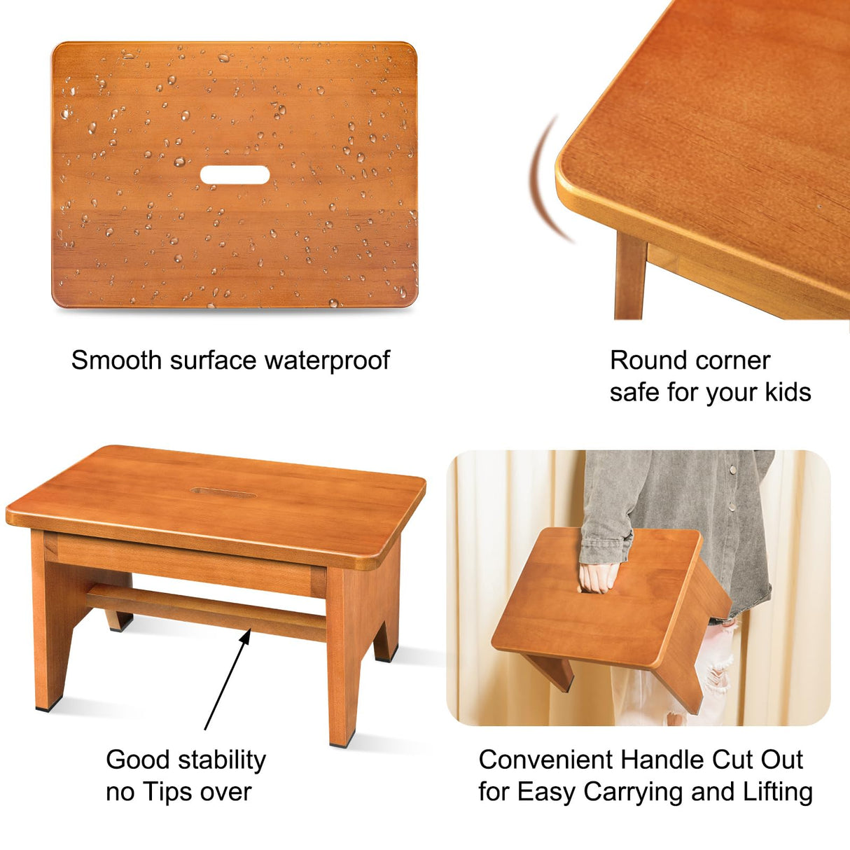 Wooden Step Stool for Adults,9.1''High One Step Stool for High Bed/Kitchen Riser,550 Lbs Beside Step Stool for Elderly Kids-Sturdy/Durable Footstool,Nonslip Stepping Stool for Bedroom/Kitchen/Bathroom HouseJoy