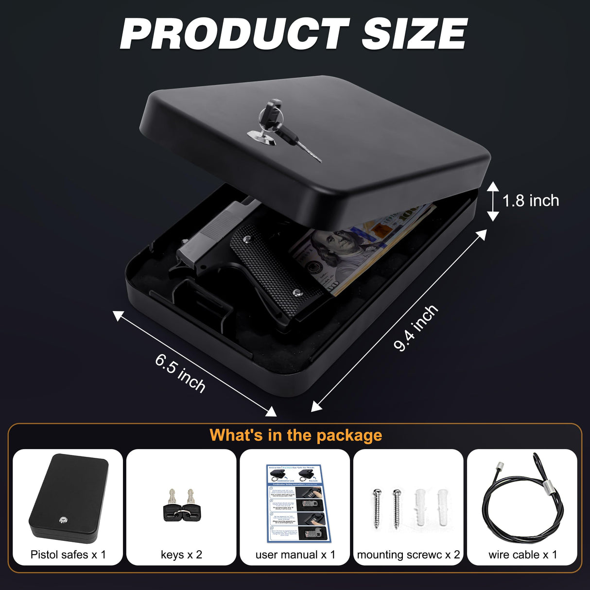 Portable Gun Safe for Pistols, Small Handgun Lock Box with Combination Lock or Key Lock, Portable Travel Pistol Safe for Travel, Home, Car (Large-Key) PACOLO