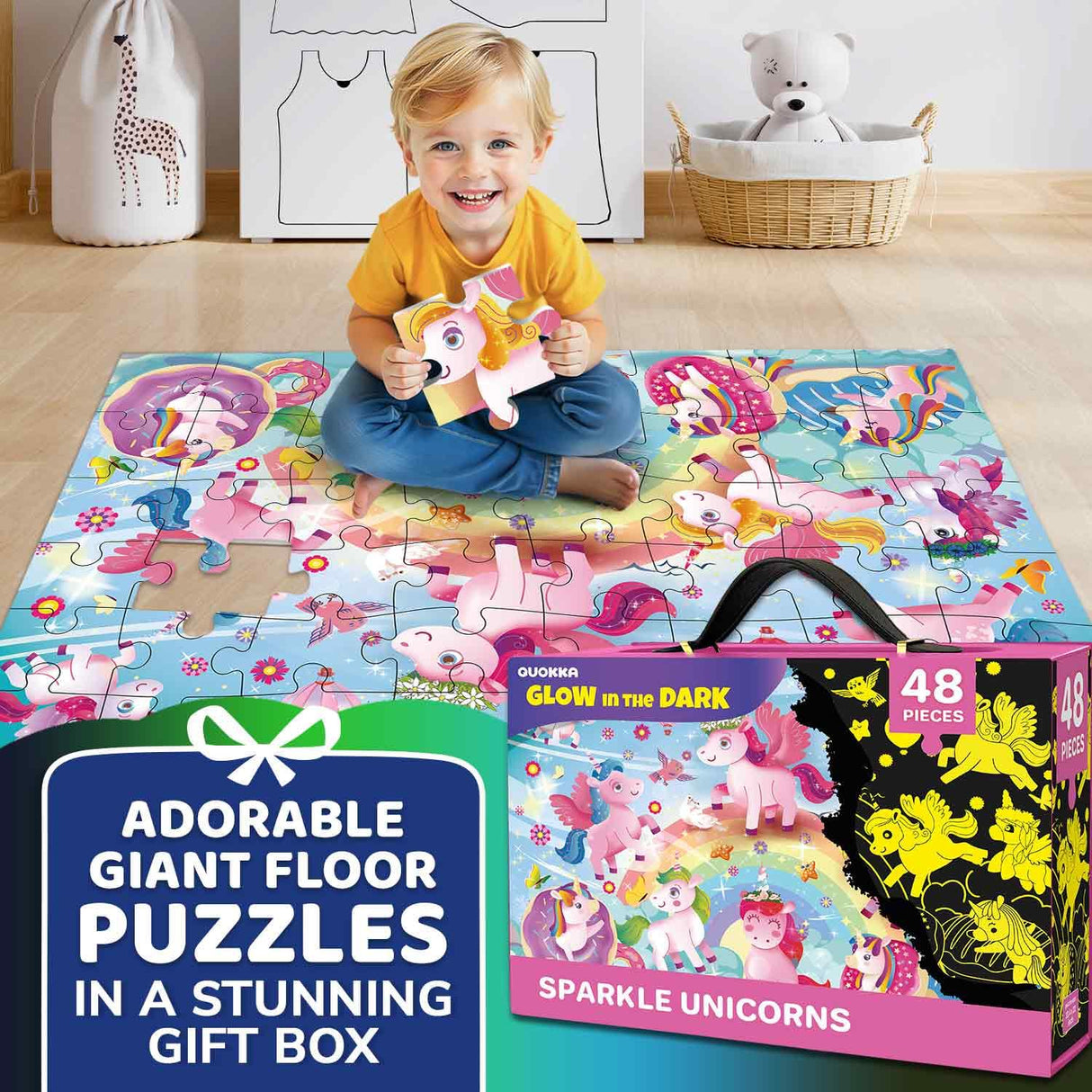 QUOKKA Floor Puzzles for Kids Ages 4–8 – 2x3 FT Giant Glow in The Dark Jigsaw – 48 Large Pieces – Magical Fantasy Unicorn Scene – Montessori Toy with Gift Box – Fun Learning Activity QUOKKA