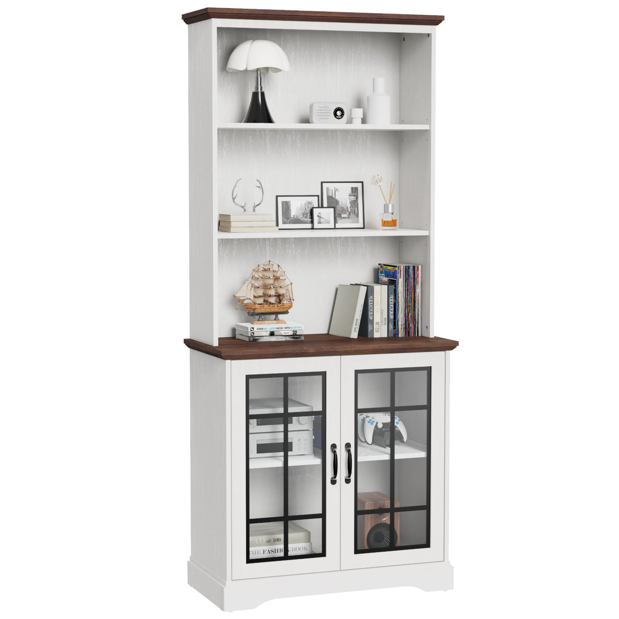 Bevfint 72" Tall Bookcase, White and Brown Design Large Floor Standing Bookshelf, 5 Tier Shelves with Door Storage Cabinet for Living Room Hallway Kitchen Home Office Bedroom, with Glass Door - 5 Tier Bevfint