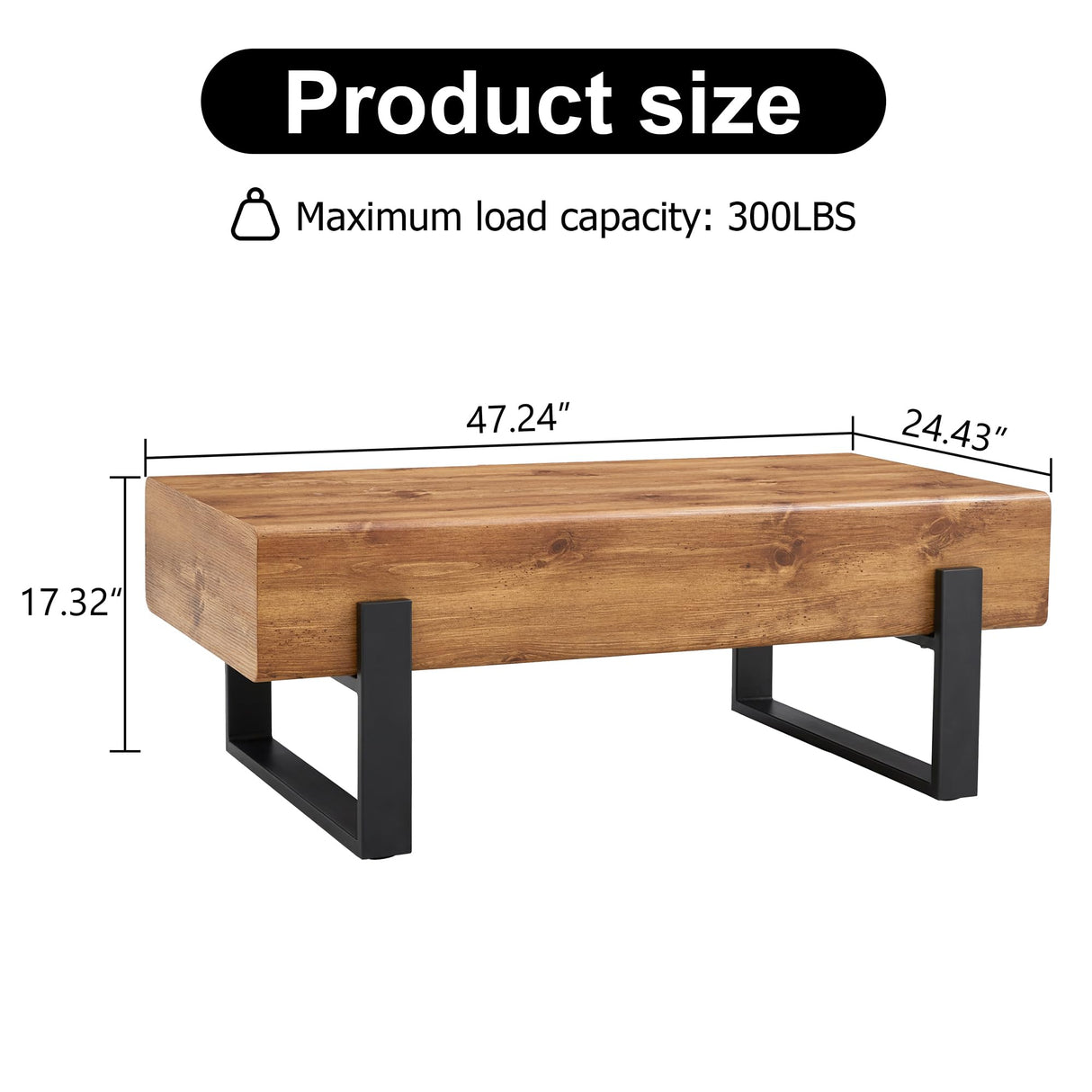BFJDM 47.24'' Rustic Rectangle Coffee Table MDF Desktop with Metal Legs for Living Room Dining Room Bedroom Office BFJDM