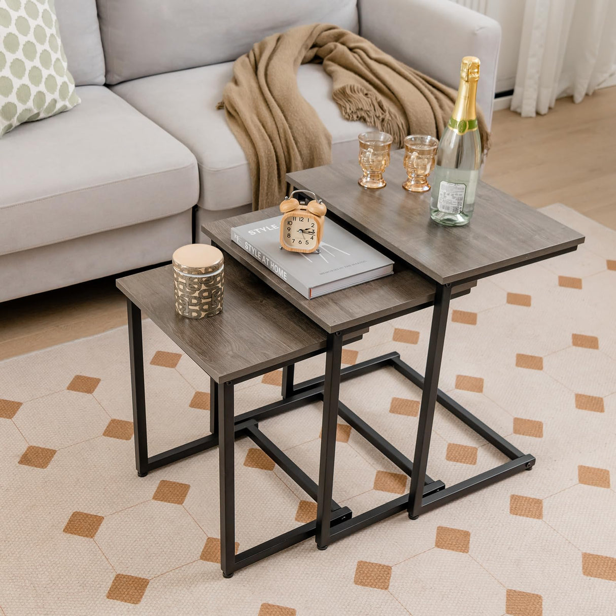 Tangkula Nesting Table Set of 3, Rectangle Stacking Side End Table w/Wood Top & Metal Legs, Adjustable Foot Pads, C-Shaped Accent Coffee Tables for Small Spaces, Living Room (C-Shaped, Gray, 3-pc) Tangkula