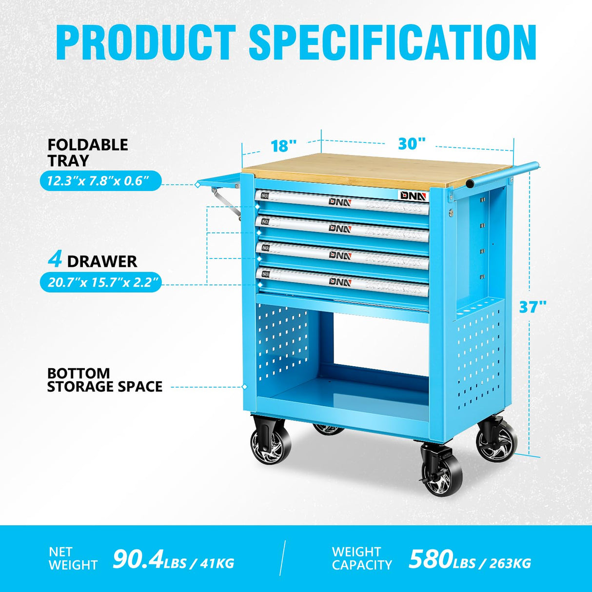 DNA MOTORING 30" W X 37" H X 18" D Large Capacity 4-Drawer Chest Rolling Tool Cart Locking Swivel Cabinet with Keys, Blue, TOOLS-00484 DNA MOTORING