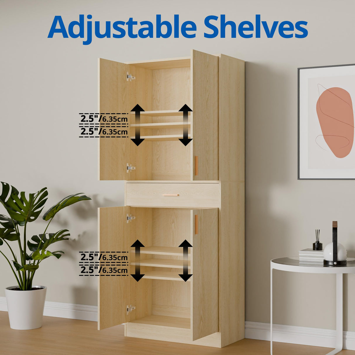 Cozy Castle Tall Oak Pantry Storage Cabinet with 4 Doors, Sliding Drawer, and Adjustable Shelves Cozy Castle