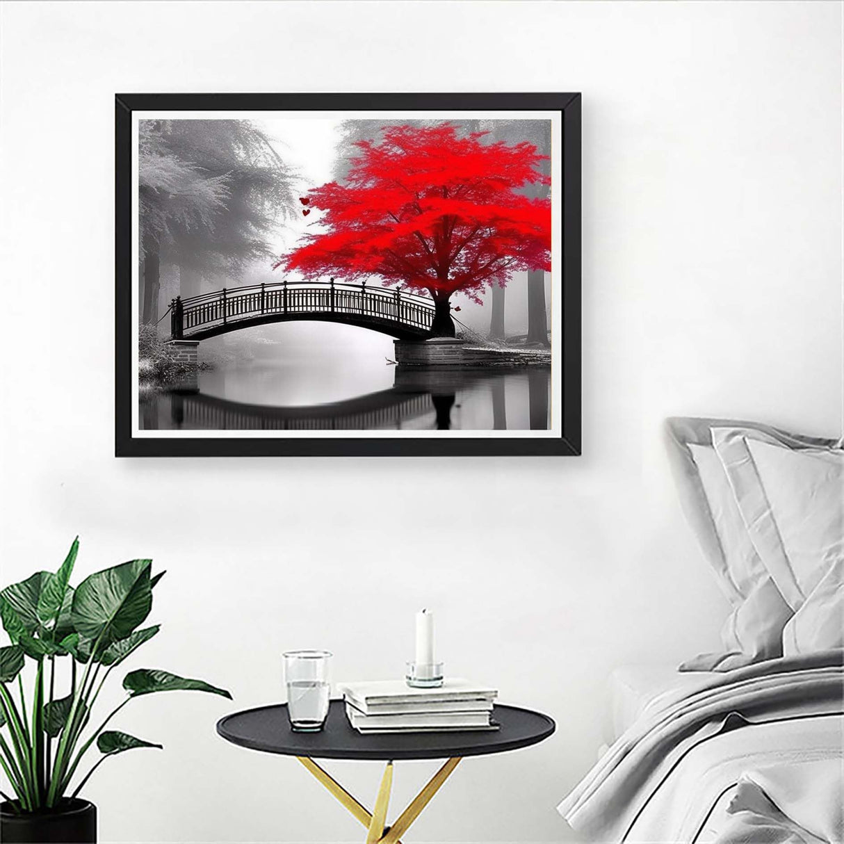 Diymood DIY 5D Diamond Painting Kits for Adults Landscape - Diamond Art Kits for Adults Red Tree Bridge | Full Drill Round | Crystal Mosaic Picture | Beginner | Home Wall Decor | 16x20inch Diymood