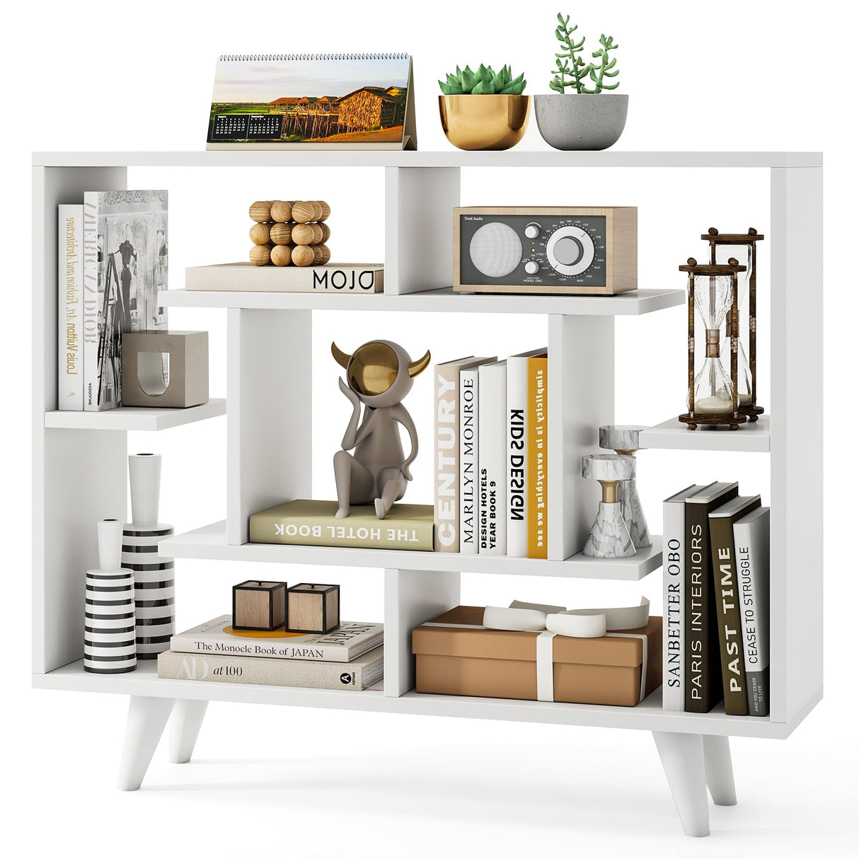 Tangkula Geometric Bookshelf, 3 Tier Modern Freestanding Open Bookcase with Anti-Tipping Devices & Legs, Home Office Decorative Storage Organizer Display Shelf for Living Room Study (White) Tangkula