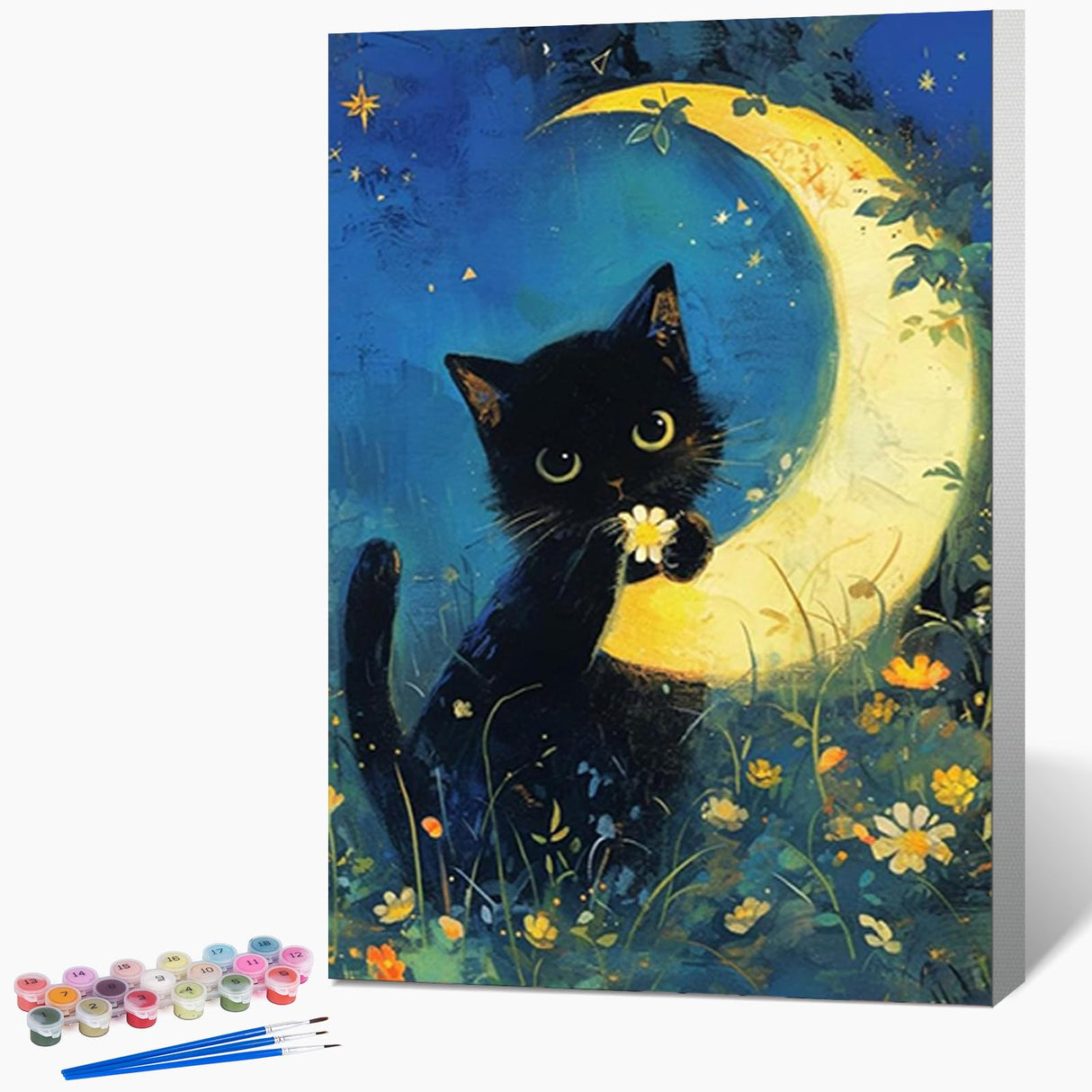 Fountor Cat Framed Paint by Numbers Kit for Adults Beginner & Kids Ages 8-12, Black Cat Paint by Number with Frame, Acrylic Moon Painting by Numbers Kit on Canvas 8x12 inch Fountor