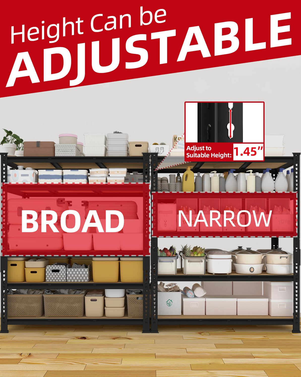 PrimeZone Heavy Duty Garage Storage Shelves - 48" W X 24" D X 72" H Adjustable Metal Shelving Unit, 5 Tier Industrial Shelves for Storage Standing Utility Rack for Warehouse, Pantry, Basement, Black PrimeZone