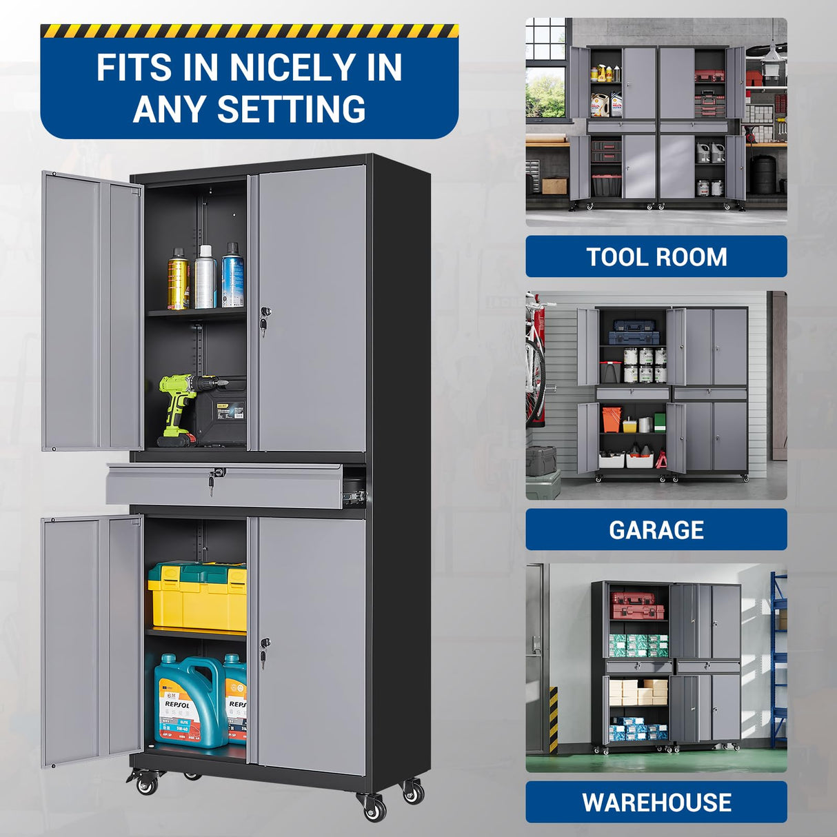 Fesbos 73" Metal Cabinet-Black&Gray Heavy Duty Rolling Storage Cabinet Steel Tool Cabinets with Wheels, Shelves, Lockable Doors and Drawers- for Garage, Pantry, Warehouse - Assembly Required Fesbos