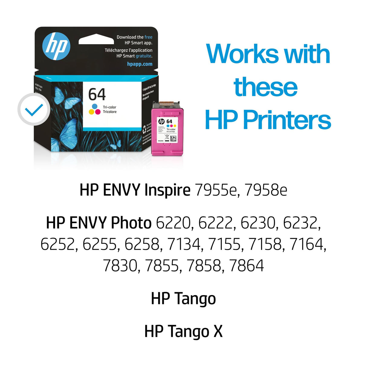 HP 64 Tri-color Ink Cartridge | Works with HP ENVY Inspire 7950e; ENVY Photo 6200, 7100, 7800; Tango Series | Eligible for Instant Ink | N9J89AN HP