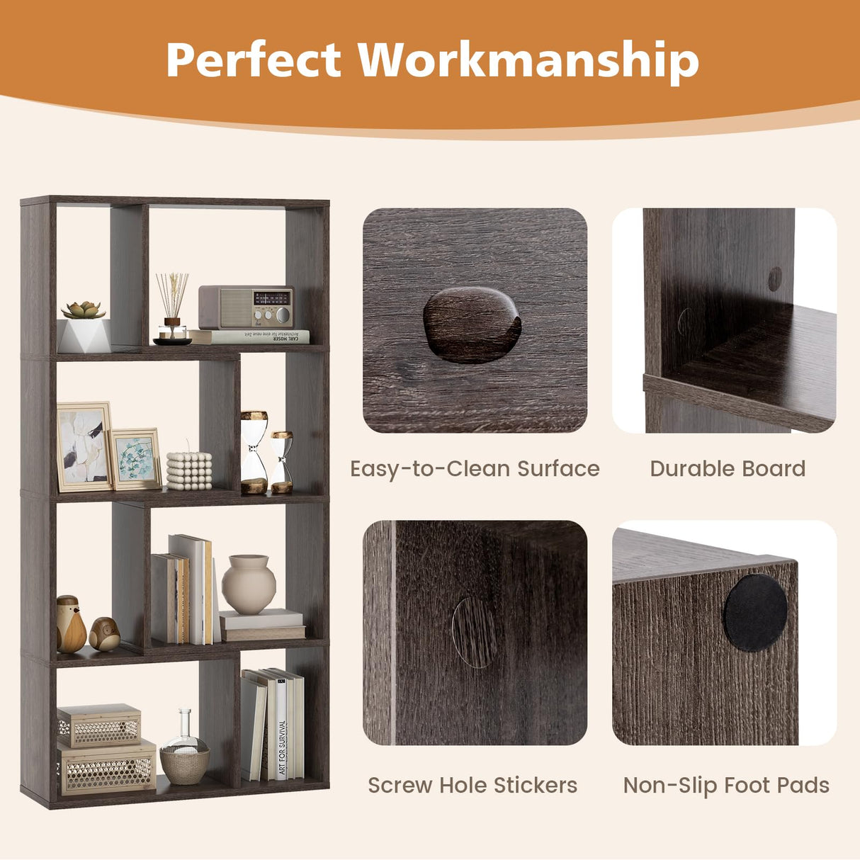 Giantex 8-Cube Geometric Bookshelf, 4-Tier High Bookcase, 48" Modern Storage Organizer, Floor Standing Open Display Shelving, Wooden Storage Cabinet for Living Room, Bedroom, Study, Gray Giantex