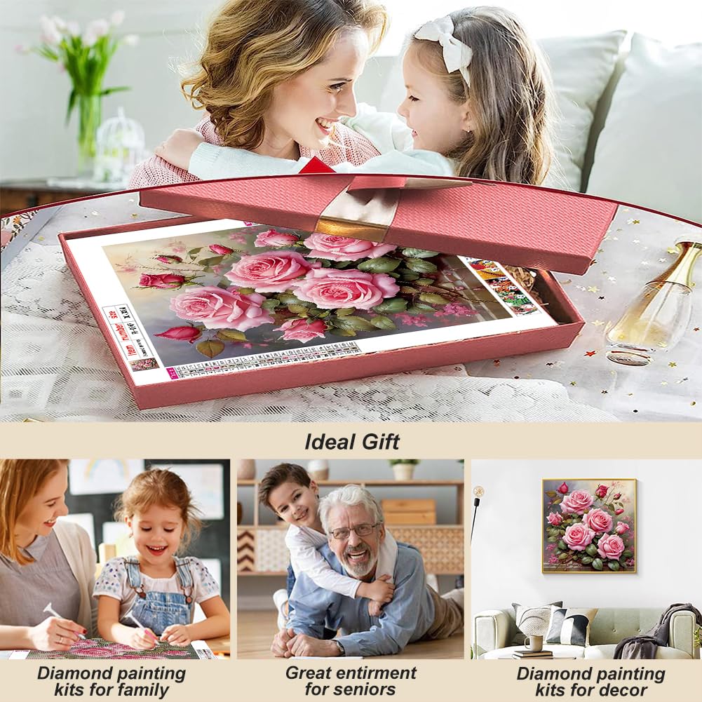 FHBUBPUP Pink Rose Diamond Painting Kits for Adults, Pink Rose Diamond Art Kits, Full Drill Round Gem Art, DIY Flower Paint with Diamond Kits Beads Crafts for Home Wall Decoration Gifts 12x12 inch FHBUBPUP