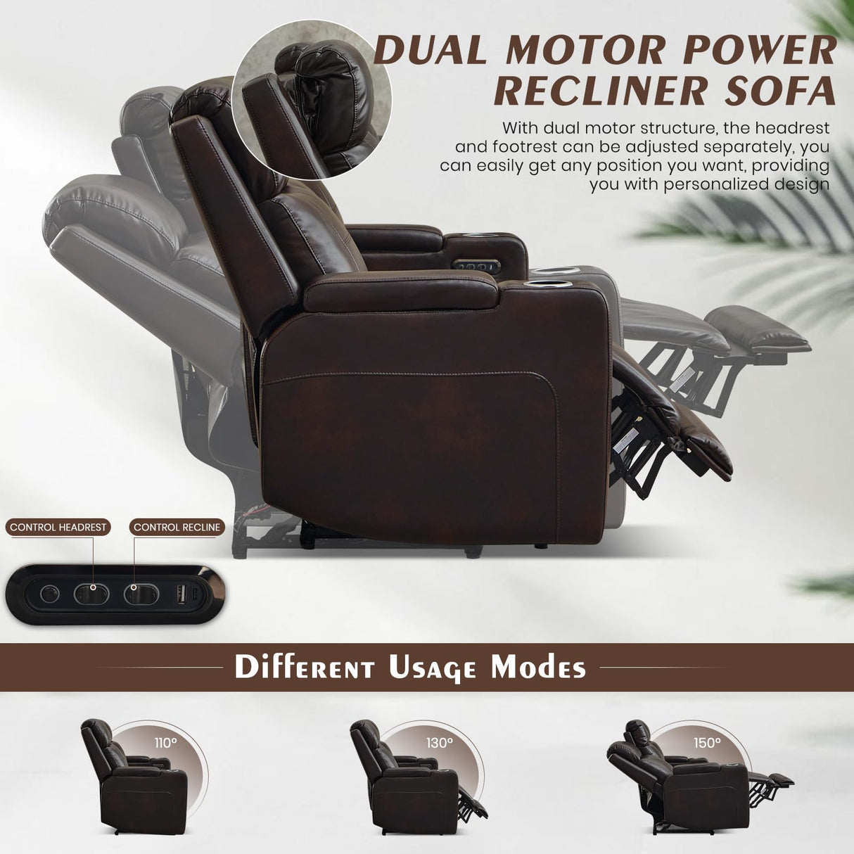 Neptane Power Reclining Sofa with Adjustable Headrest, Home Theater Seating with LED Light/Armrest Storage/Outlet/Side Pocket/Type-C USB, Power Loveseat Recliner Sofa for Home Theater Neptane