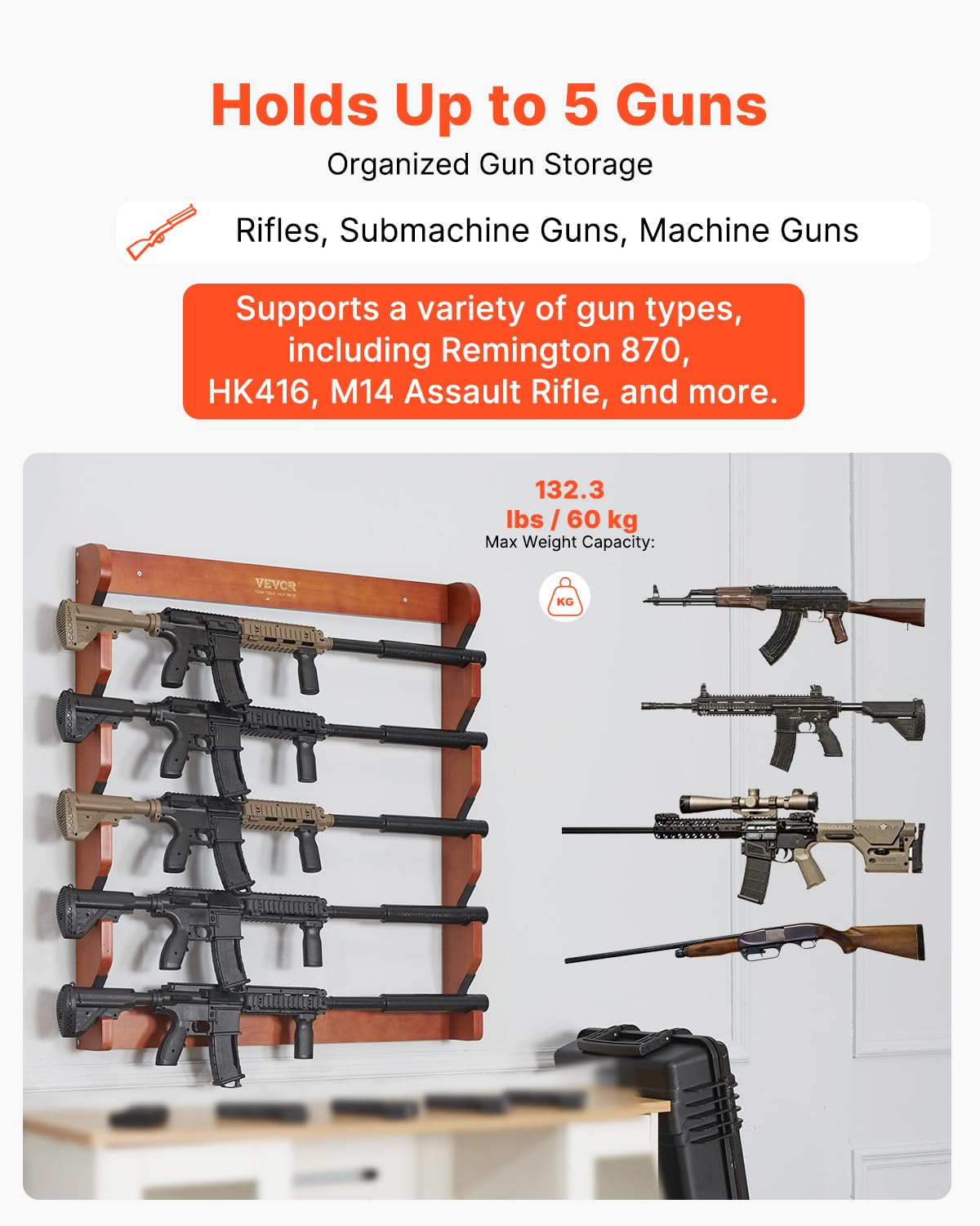 VEVOR Gun Rack, 5-Slot Wall Mounted Wooden Gun Rack, Heavy Duty Gun Display Rack Holds 5 Shotguns and Rifles, Wall Storage Display Rifle Rack with Soft Padding, 132 lbs Capacity VEVOR