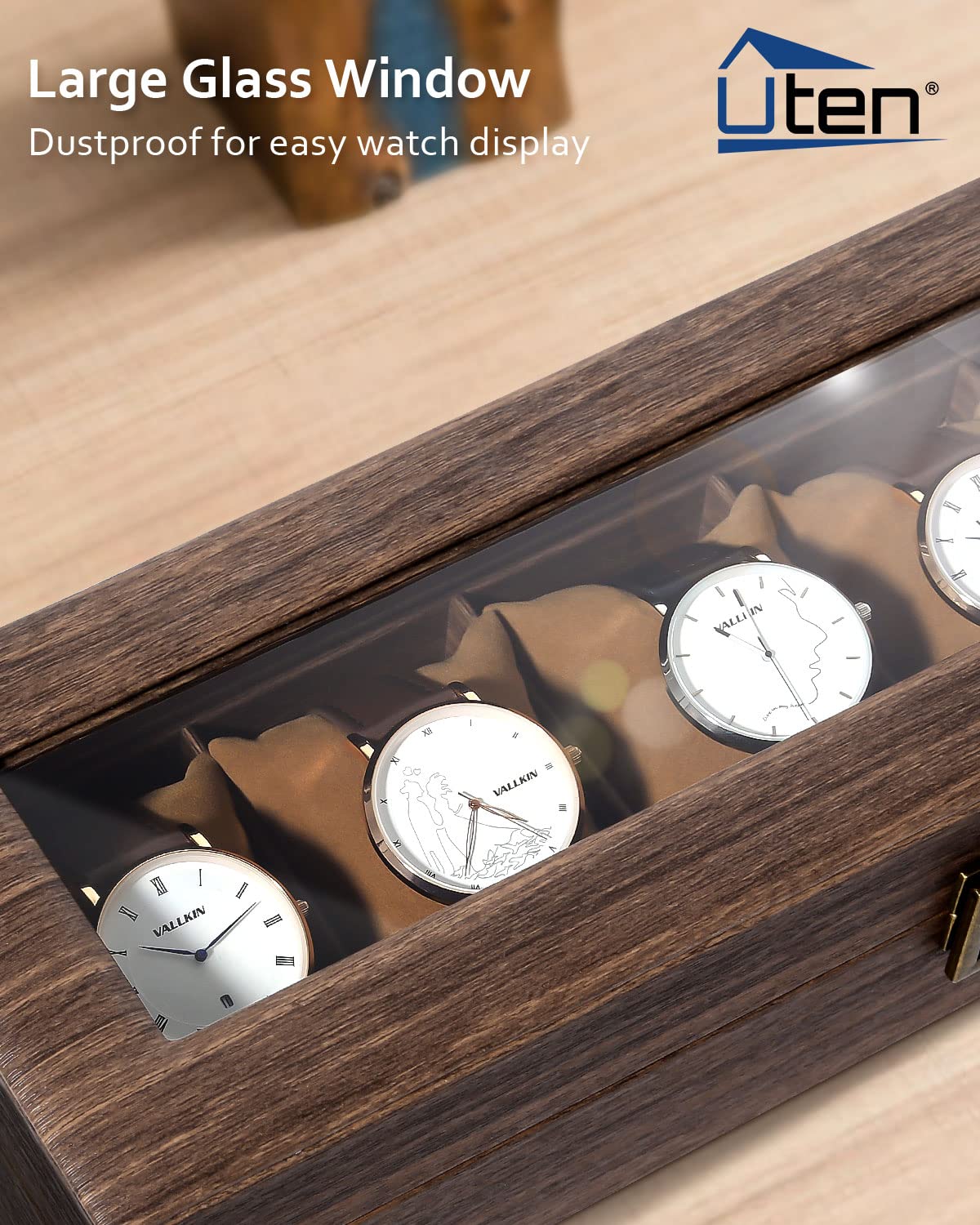 Uten Watch Box 6 Slots, Watch Case Organizer with Real Glass Lid, Wood Grain PU Leather Watch Display Storage Box with Removable Imitation Suede Watch Pillows, Metal Clasp Uten