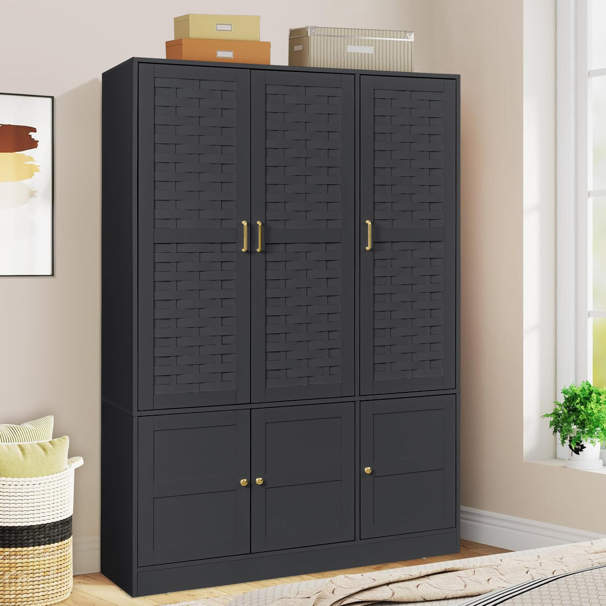 LEVNARY Wardrobe Closet with 6 Woven Doors, Walnut Armoire Wardrobe Cabinet for High Storage Capacity with Adjustable Shelves and Hanging Rail, Freestanding Tall Bedroom Closet (Black) LEVNARY