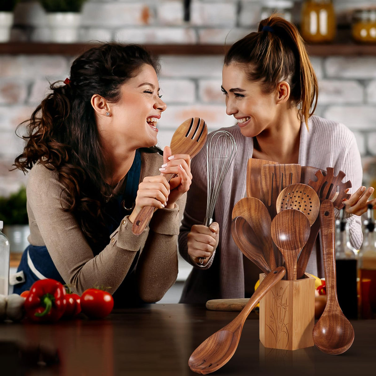 Wooden Cooking Utensils Set, Comfortable Grip Teak Wood Cooking Spoon Set, Nonstick No Scratch Wooden Spoons for Cooking (10Pcs) AIUHI