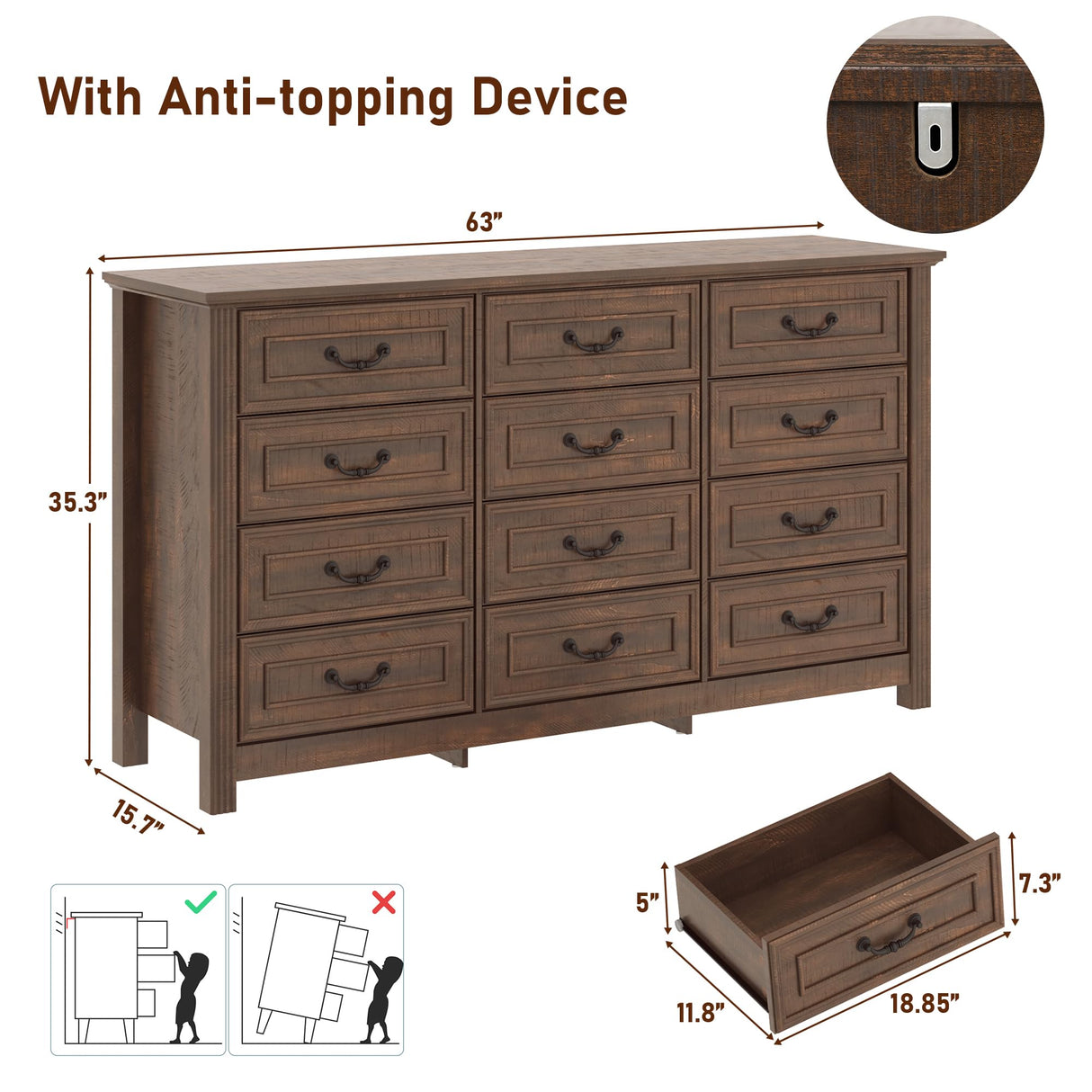 chartustriable Farmhouse 12 Drawer Dresser for Bedroom, 63” Wood Dresser & Chest of Drawers with Rustic Handles, Wide Closet Dresser Organizer, Living Room, Hallway, Bedroom Furniture, Rustic Brown chartustriable