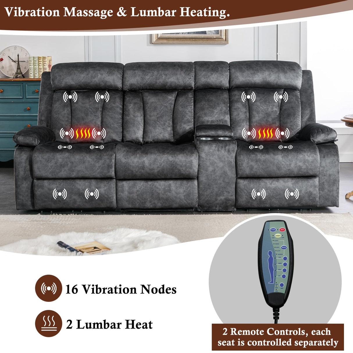 GUEAPY 3 Seater Recliner Sofa Reclining Loveseat with Console Power Reclining Sofa with Heat and Massage, Cup Holders, USB & Type-C Charge Ports for Living Room (Grey) GUEAPY