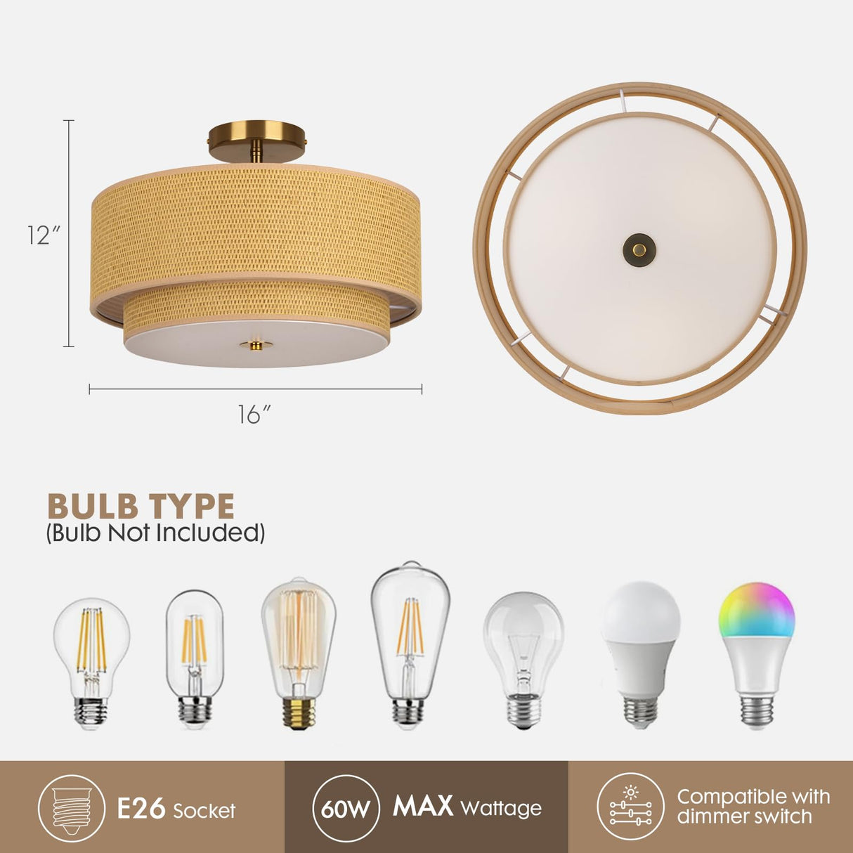 HILUXIA 16 Inch Modern Semi Flush Mount Ceiling Light Fixture, Double Rattan and Wicker Style Drum Shade, Gold Farmhouse Flush Ceiling Lamp for Bedroom, Living Room, Dining Room, Kitchen HILUXIA