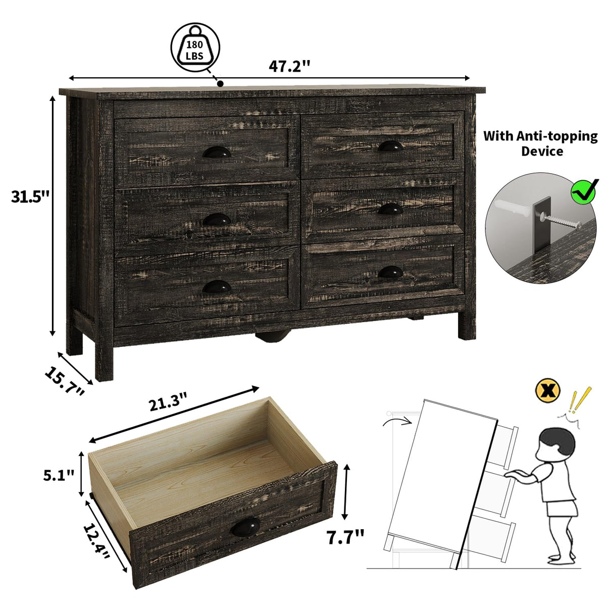 Modern Farmhouse Wood Dresser for Bedroom, Rustic 6 Drawer Dresser with Vintage Black Antique Handle, Double Dresser and Chest of Drawers for Hallway, Rustic Brown Oak HOUROM