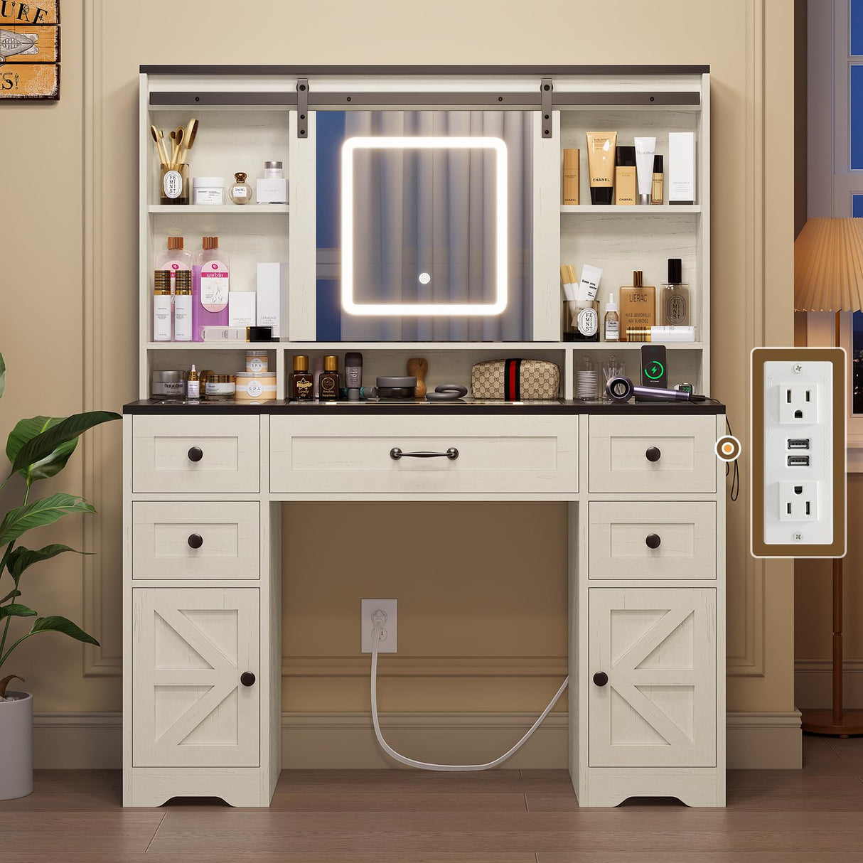 HAUOMS Farmhouse Makeup Vanity Desk with Sliding Lighted Mirror, Glass Top Vanity Desk with Power Outlet, Rustic Vanity Set, Antique White HAUOMS