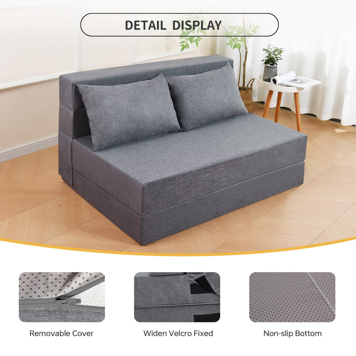 Fvkind Folding Sofa Bed Twin Size, Foldable Sleeper Chair with 2 Pillows, Convertible Futon Sofa Bed with Washable Cover, Fold Out Couch for Living Room, Dorm, Guest Room, Standard Size, Light Grey Fvkind