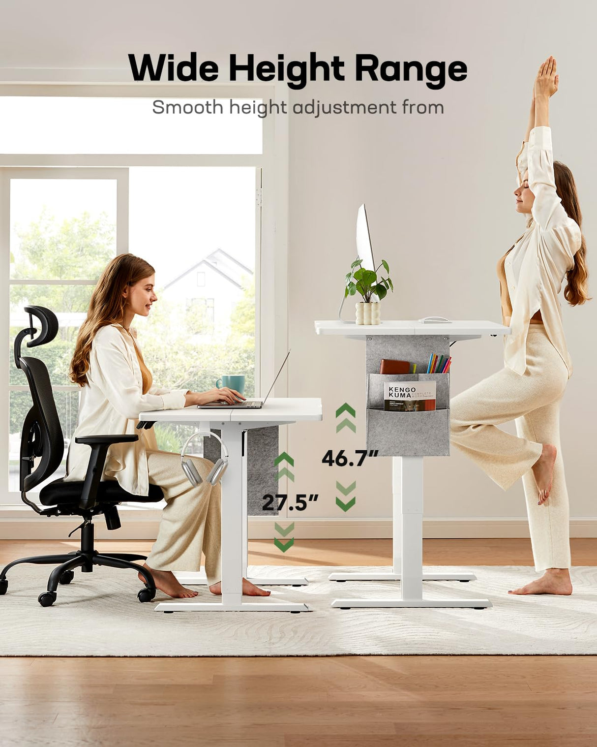 Marsail Standing Desk Adjustable Height,48"*28" Electric Standing White Deskwith Storage Bag,Sit Stand up Deskfor Home Office Writing Computer Table,4 Memory Preset with Headphone Hook,Cable Manager Marsail