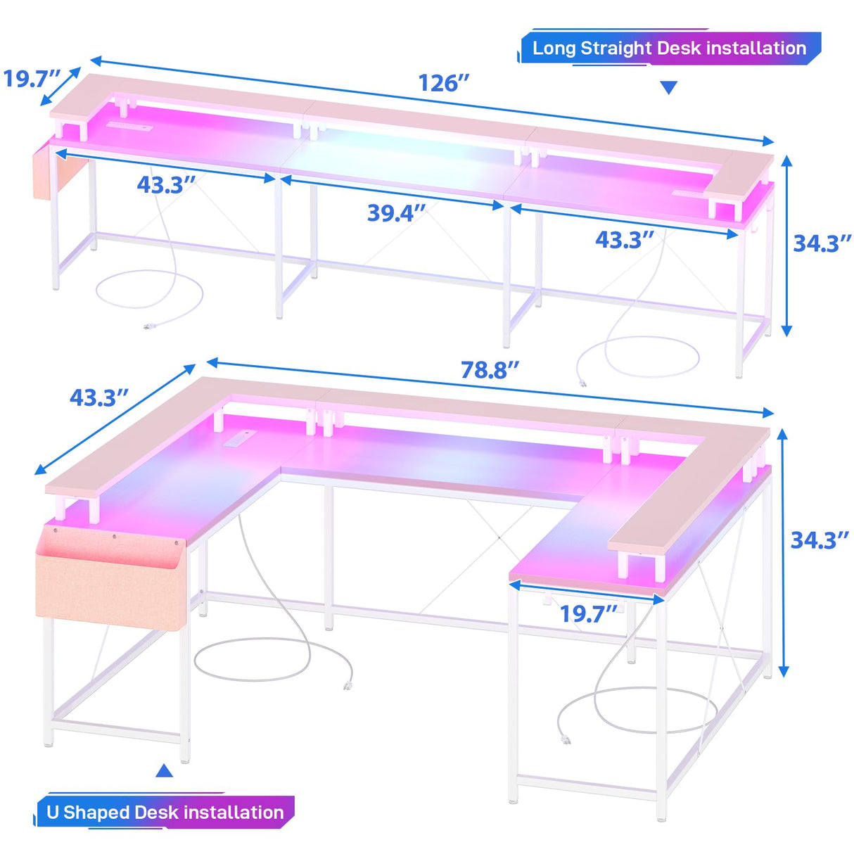 GAOMON U Shaped Desk, 126 Inch Gaming Desk with Monitor Stand and LED Lights, Reversible Shaped Large Computer Desk with Power Outlets, Office Desk with Storage Bag and Hooks, Pink GAOMON