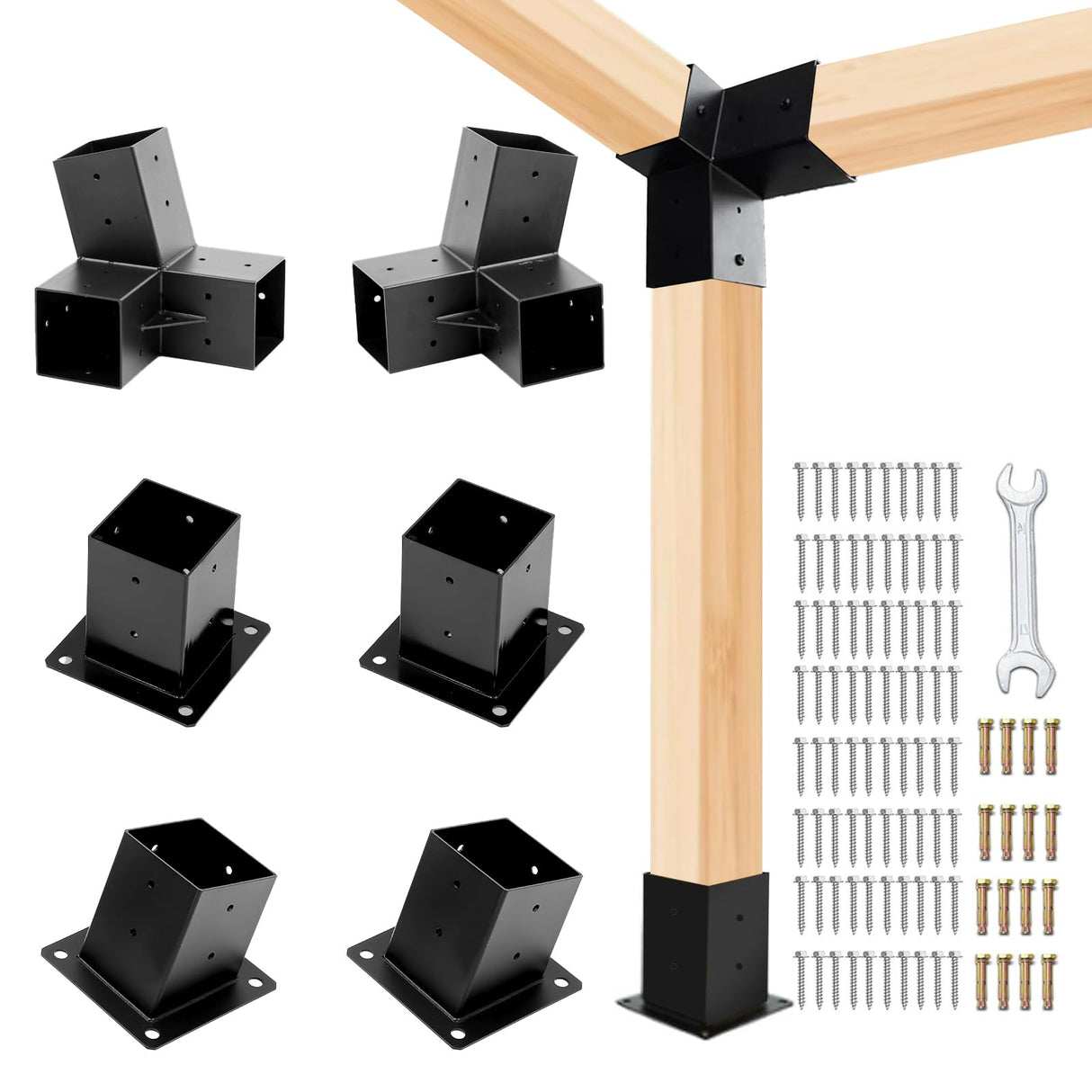 TOPTGO 6 PCS Pergola Brackets Kit,15° 3-Way Slanted Roof Pergola Bracket Set 4x4 (Actual: 3.5x3.5 in),2 Pack Angle Corner Bracket with Post Base for Wooden Beams Lumber Gazebos Patio Pergola Sheds TOPTGO