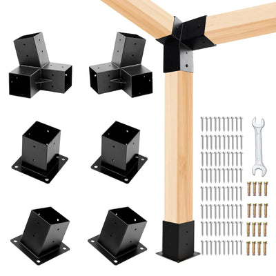 TOPTGO 6 PCS Pergola Brackets Kit,15° 3-Way Slanted Roof Pergola Bracket Set 4x4 (Actual: 3.5x3.5 in),2 Pack Angle Corner Bracket with Post Base for Wooden Beams Lumber Gazebos Patio Pergola Sheds