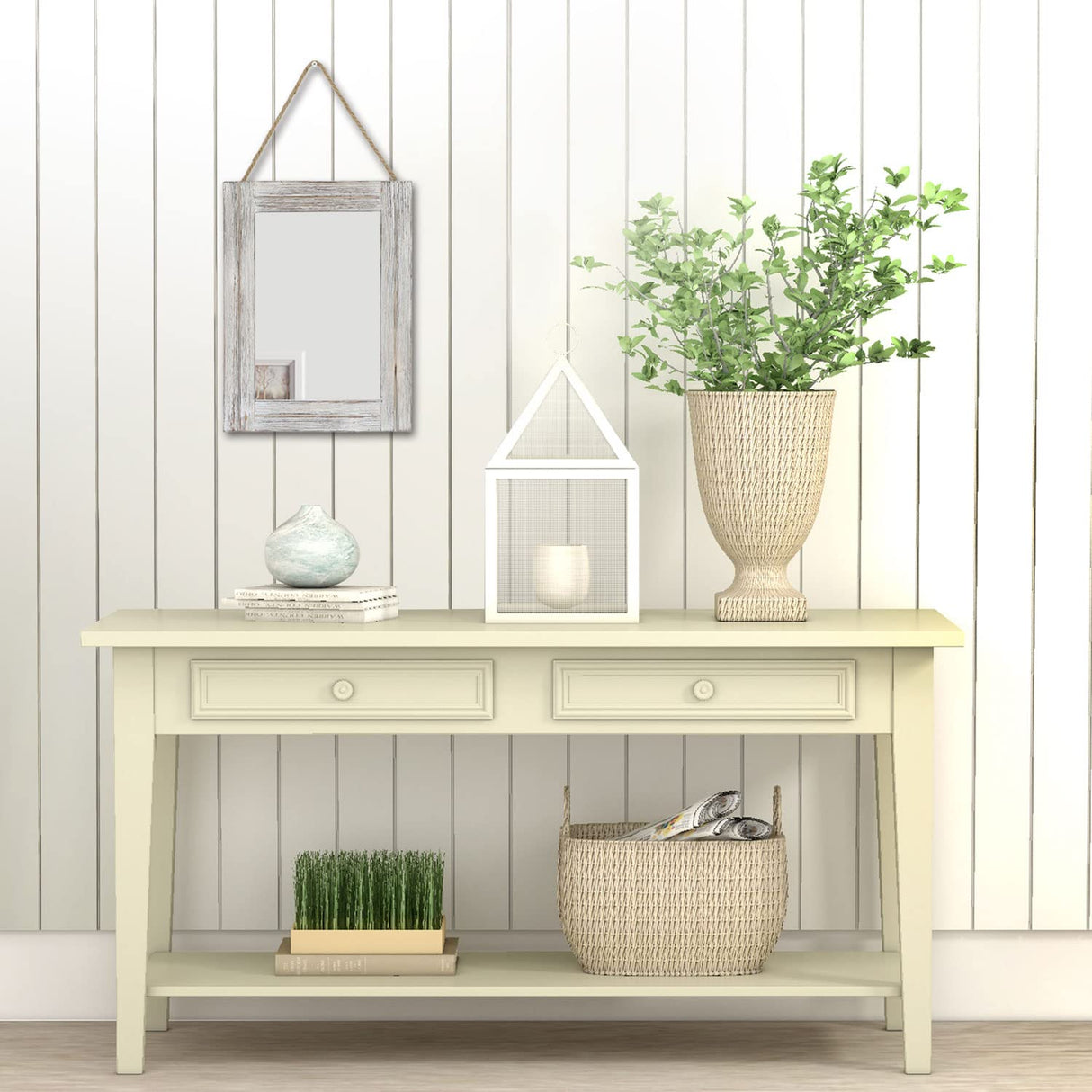 Emaison 16 X 12 Inch Rustic Wood Framed Wall Mirror with Hanging Rope for Farmhouse Decor, for Entryway, Bedroom, Bathroom, Dresser, Wash White EMAISON