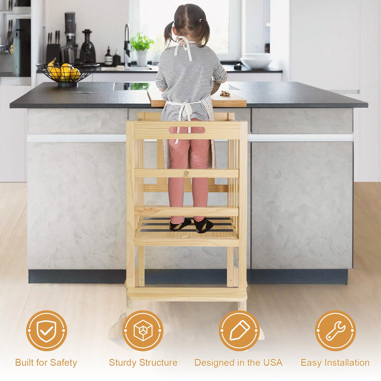 WOOD CITY Kitchen Step Stool Helper - Montessori Foldable Standing Tower for Toddlers with Safety Rail, Height Adjustable Ideal Helper for Learning New Skills, Natural Pure Pine Wood (Natural) WOOD CITY