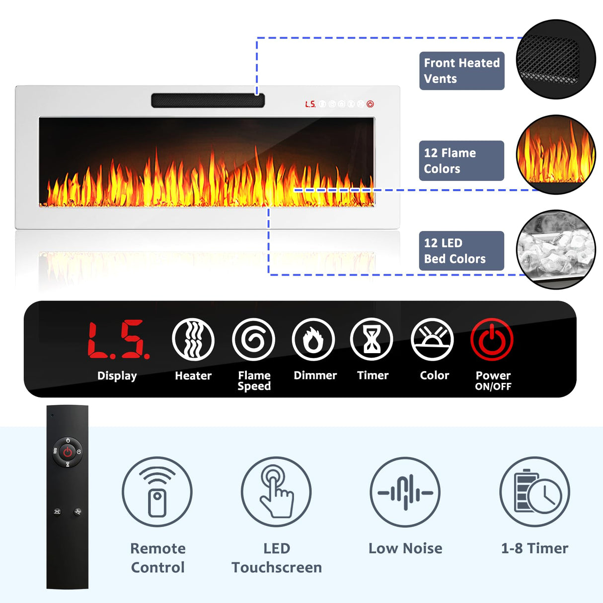 PUKAMI 70" Floating TV Stand with 36" Electric Fireplace,Wall Mounted Entertainment Center with LED Lights and Highlight Storage Cabinet for TVs up to 80" for Living Room (White and White) PUKAMI