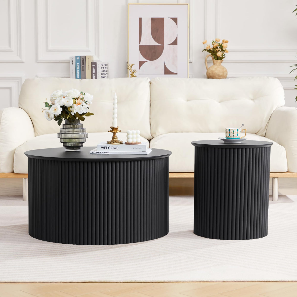 Fluted Round Nesting Coffee Table Set of 2, Mid Century Modern Wood Coffee Table and End Table Set, Minimalist Center Tables Circle Side Table for Living Room, Office(Black RUSTYER