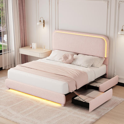 Queen LED Bed Frame with 2 Drawers, Teddy Fleece Rounded Corner Storage Platform Bedframe with Upholstered Headboard, No Box Spring Needed, Noise Free, Easy Assembly, Pink