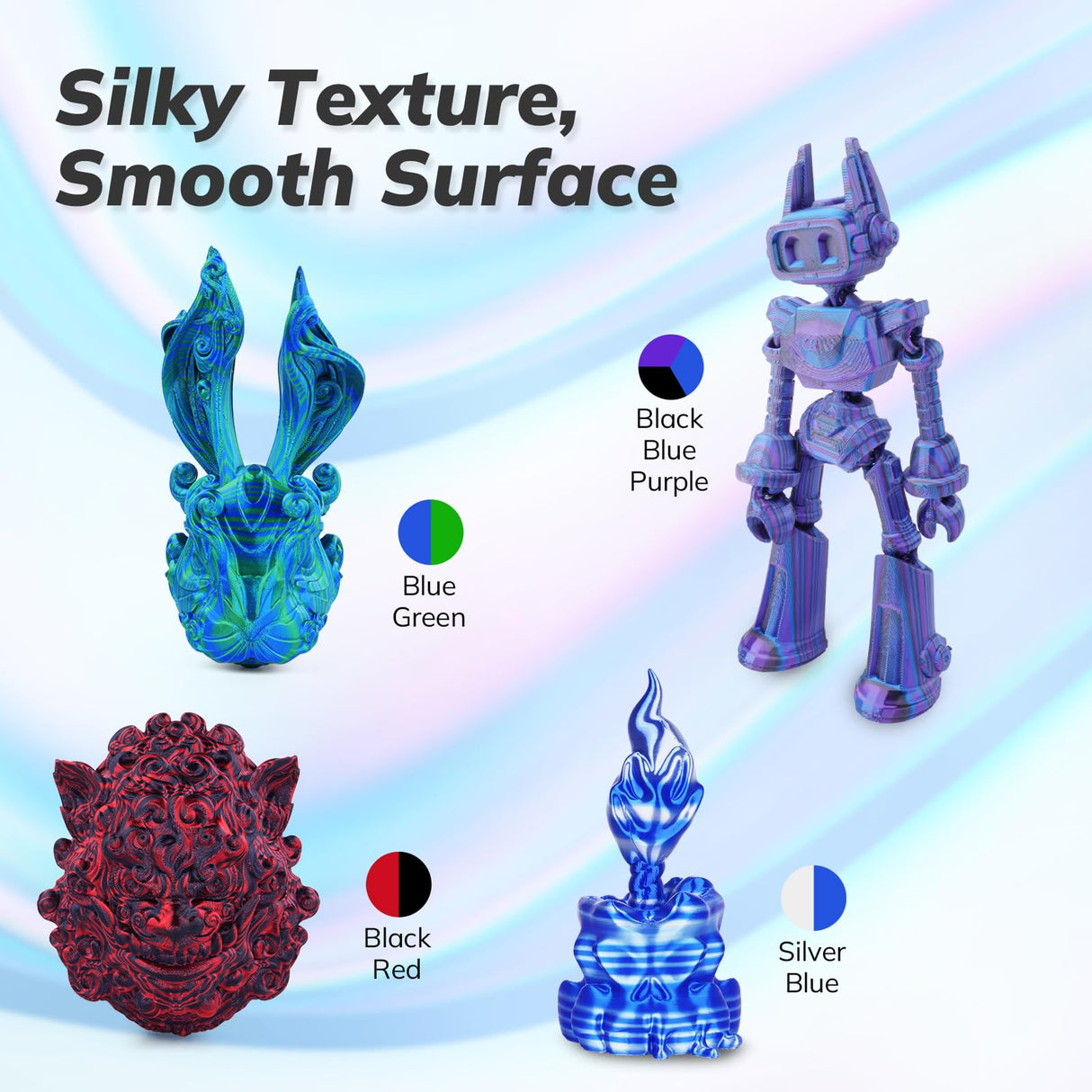 AMOLEN Silk PLA 3D Printer Filament Bundle, Shiny PLA Filament 1.75mm Multicolor Rainbow Pack, Fast Color Change PLA 3D Printing Filament for Most FDM 3D Printer, 1KG X 4 Spools AMOLEN