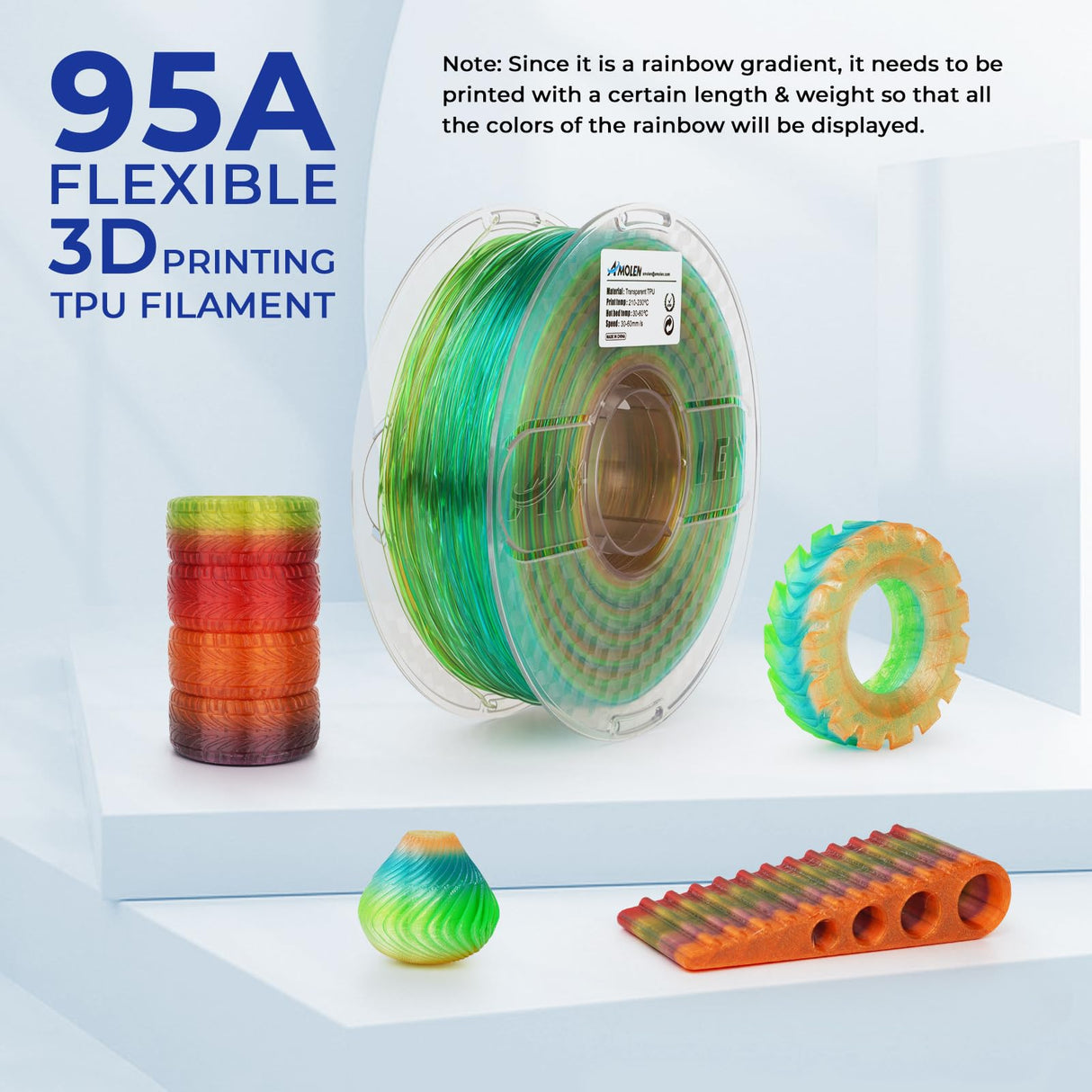 AMOLEN TPU 3D Printer Filament, Transparent Multicolor Rainbow TPU 1.75mm, Color Change Flexible Soft TPU 3D Printing Filament Supports High Speed, 1kg Spool(2.2lbs), Blue Green Orange AMOLEN