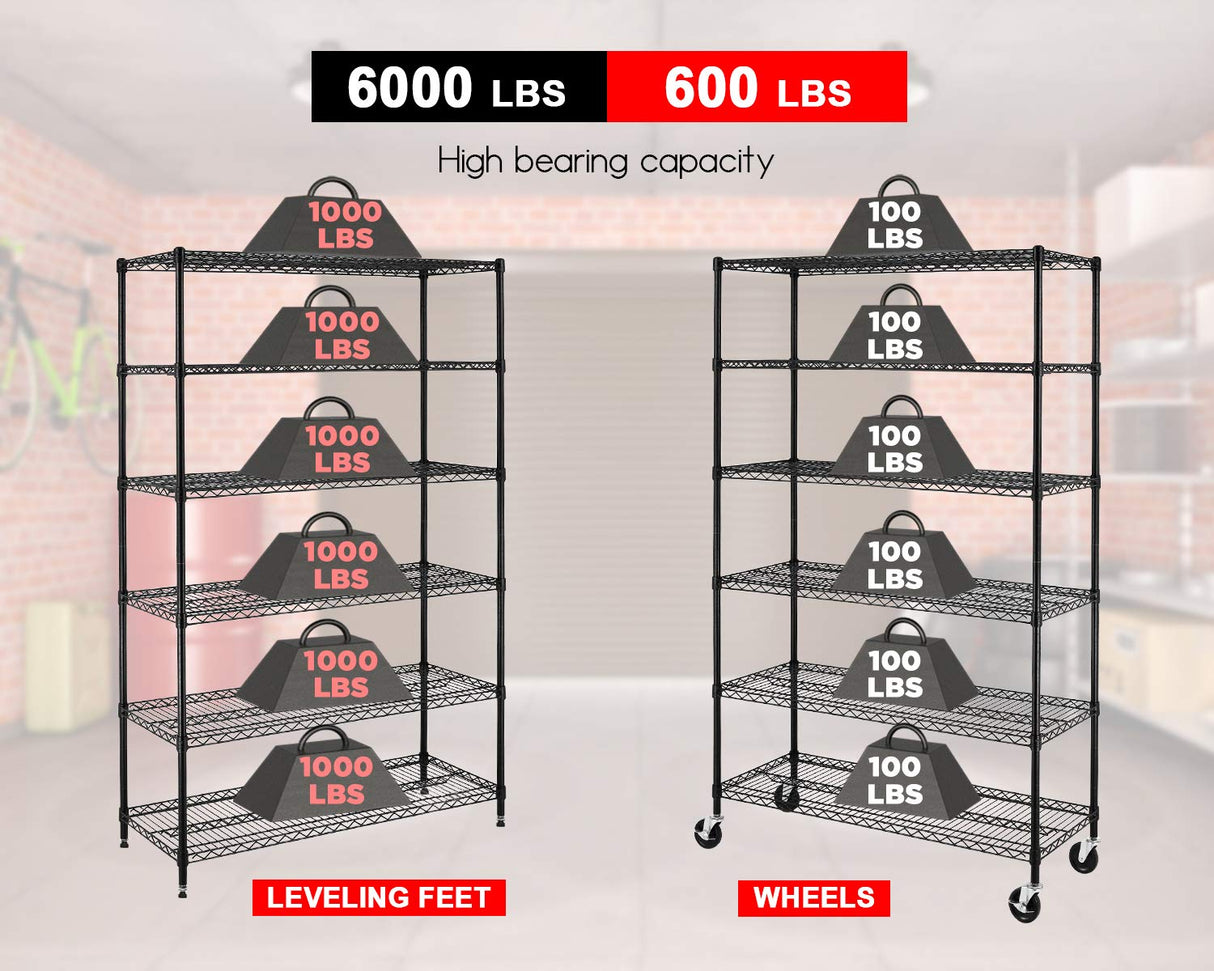 FDW 48" L×18" W×76" H Wire Shelving Unit Metal Shelf with 6 Tier Casters Adjustable Layer Rack Strong Steel for Restaurant Garage Pantry Kitchen Garage,Black FDW